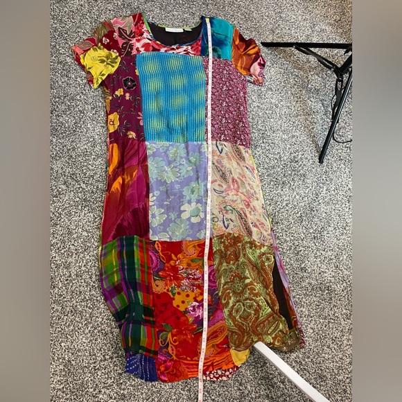 VTG Sacred Threads Quirky Bohemian Patchwork Lined Pencil Maxi Dress Sz S Hippie - Picture 10 of 10